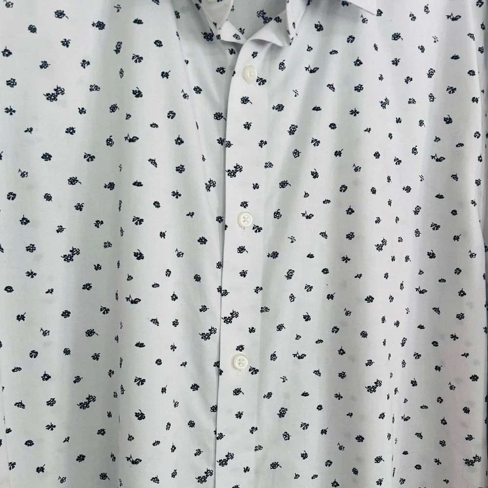 Banana Republic Men Slim Fit White Black Floral Non-Iron Cotton Dress Shirt Sz L